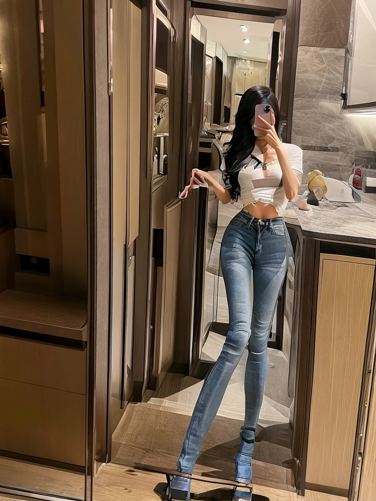 masterpiece, highres, photoreal, dark long hair, black tight t-shirt, denim jeans, selifie, white bag, indoor,