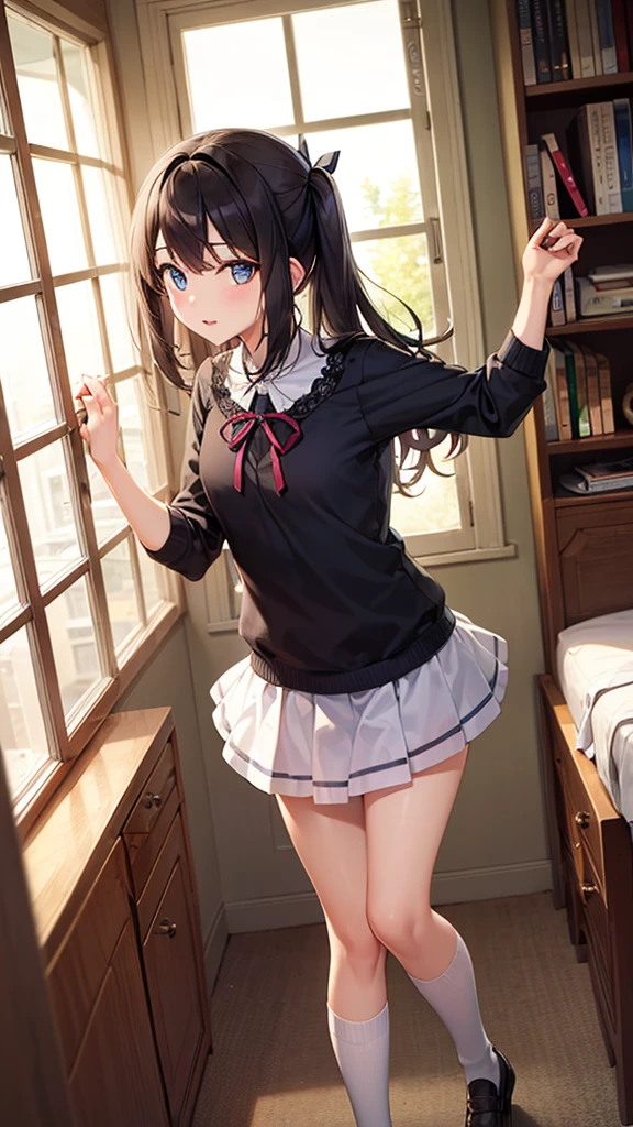 (masterpiece, best quality:1.3), 1 girl, 独奏, teenager,(top quality eyes:1.3),18 year old girl、Idol-style in your own home。A girl wearing a sparkly top and a fluffy tulle skirt。Wear a ribbon hair band、Wearing colorful socks。In the background there is a bookshelf and a window.、The outside view can be seen from the window。The room has a dressing table and a bed.、A girl is posing in front of it