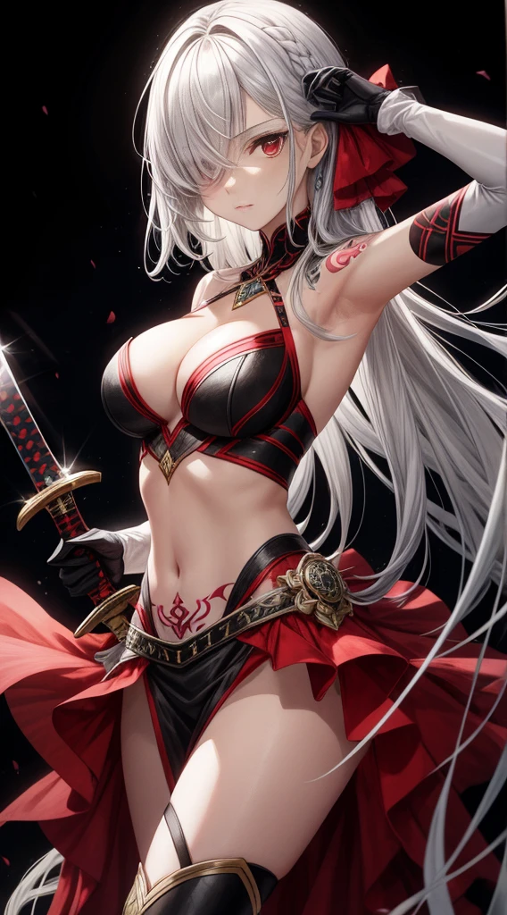 1girl, weapon, solo, holding_weapon, red_eyes, long_hair, holding, sword, gloves, hair_over_one_eye, breasts, holding_sword, navel, looking_at_viewer, armpits, tattoo, elbow_gloves, cleavage, bangs, hair_ornament, white_hair, bare_shoulders, grey_hair, black_background, black_gloves