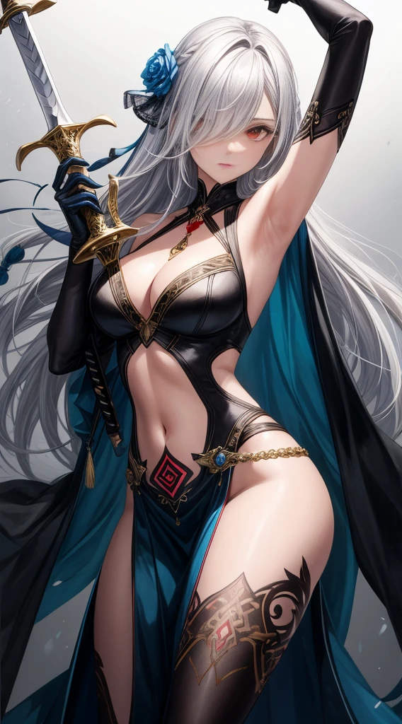 1girl, weapon, solo, holding_weapon, red_eyes, long_hair, holding, sword, gloves, hair_over_one_eye, breasts, holding_sword, navel, looking_at_viewer, armpits, tattoo, elbow_gloves, cleavage, bangs, hair_ornament, white_hair, bare_shoulders, grey_hair, black_background, black_gloves