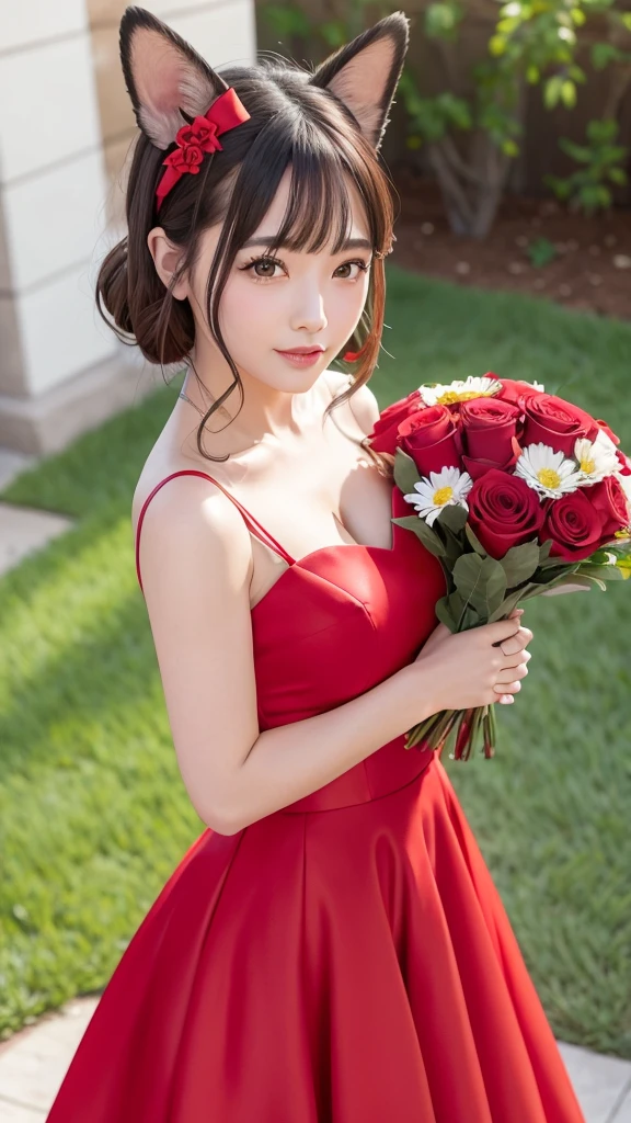 Famous beauty actress　Dog ears　Bright Red Dress　holding a celebratory bouquet