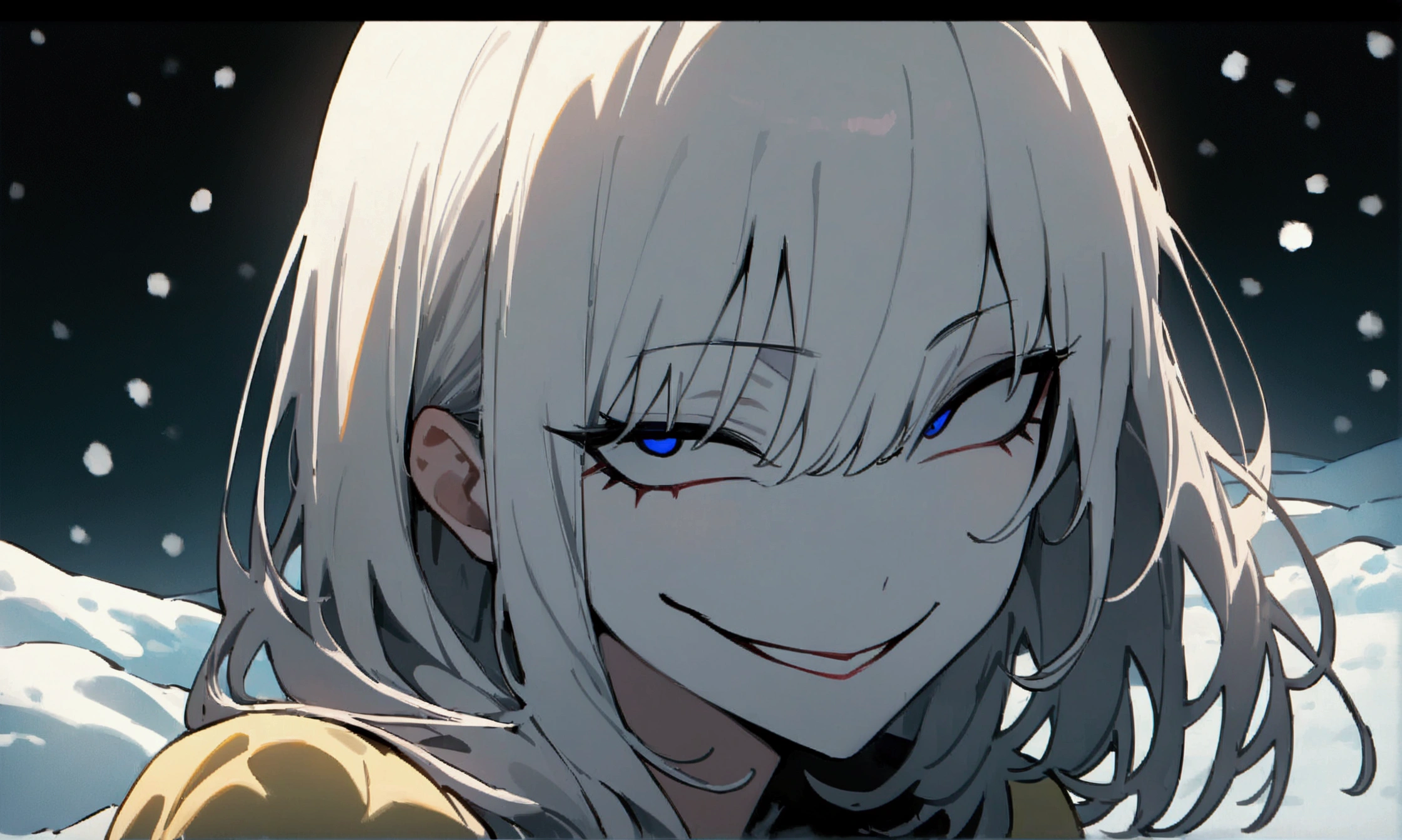 (masterpiece:1.2, Highest quality), (snow white:1.3), 1 female, whole body, casual, Minimal makeup, pale,Natural materials, Close-up face, (Wicked Smile:1.3), Bright Eyes、Round pupils,8K high resolution, Fine Lines, ((whole body)), (The whole head is visible:1.2)