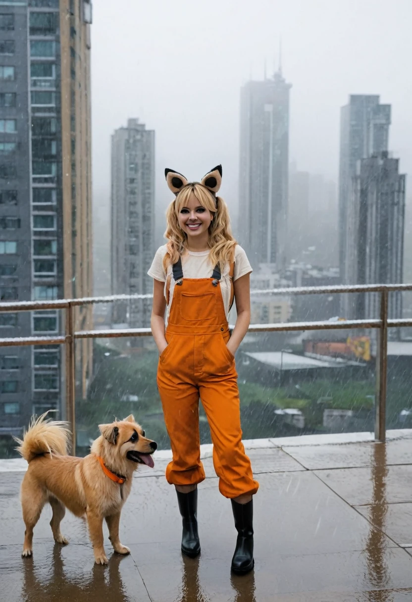 On top of a building, tall building, rainy weather ,lilotte, solo, 1girl, furry female, long hair, dog ears, black eyes, dog tail, orange overalls, blonde hair, outdoors, dog girl, smile, looking at viewer, hand on own hip, cowboy shot,, score_9, score_8_up, score_7_up, score_6_up, score_5_up, score_4_up