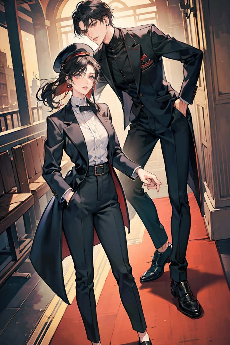 (masterpiece), 1boy, 1girl, best quality, seductive eyes, perfect face, handsome man, black eyes, long slicked back black hair, long nose, tan brown skin, black coat, black fitted pants, extremely tall man, long legs, long calves, full body, tall man, long legs, anime cover, ear piercings, hands in pockets, adult-like look, cafe background, a girl is in his left side, perfect face, best quality, seductive eyes, mature woman, red eyes, short black hair, black business suit, black pants, peaked cap, big breast, tall woman, long legs, anime cover