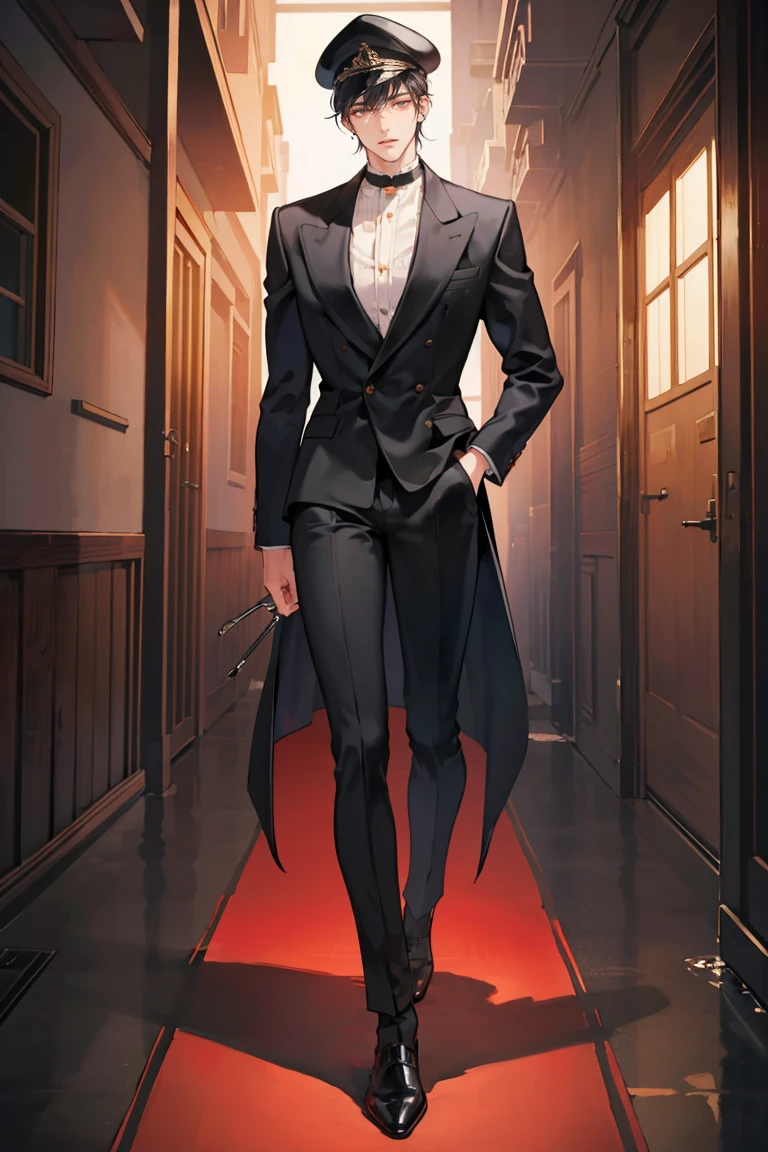 (masterpiece), 1boy, 1girl, best quality, seductive eyes, perfect face, handsome man, black eyes, long slicked back black hair, long nose, tan brown skin, black coat, black fitted pants, extremely tall man, long legs, long calves, full body, tall man, long legs, anime cover, ear piercings, hands in pockets, adult-like look, cafe background, a girl is in his left side, perfect face, best quality, seductive eyes, mature woman, red eyes, short black hair, black business suit, black pants, peaked cap, big breast, tall woman, long legs, anime cover
