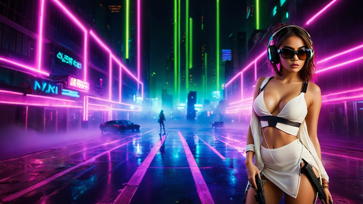 dark futuristic landscape, at night, neon lights, Atmospheric fog, large buildings in the background, futuristic city, streets with open shops, skyscraper (postapocalyptic city:1.3). (((1girl, solo, alone))), large-breast:1.2 slim body, cleavage:1.1, sexy miniskirt, (((headphone, black sunglasses, standing and holding pistol pose))), (((half-body thigh level medium shot))), cinematic lighting, lens flare, ray tracing.