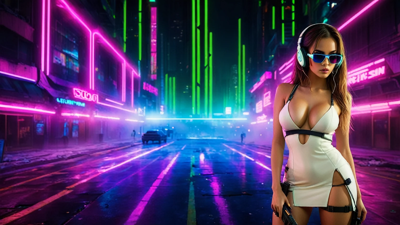 dark futuristic landscape, at night, neon lights, Atmospheric fog, large buildings in the background, futuristic city, streets with open shops, skyscraper (postapocalyptic city:1.3). (((1girl, solo, alone))), large-breast:1.2 slim body, cleavage:1.1, sexy miniskirt, (((headphone, black sunglasses, standing and holding pistol pose))), (((half-body thigh level medium shot))), cinematic lighting, lens flare, ray tracing.
