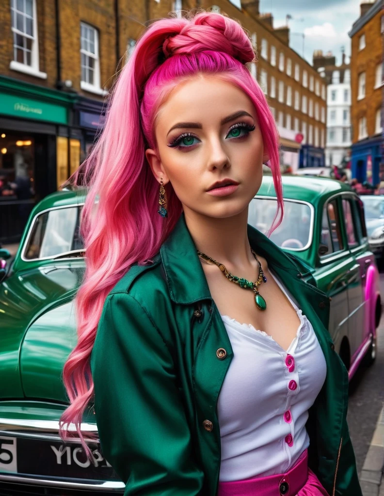 very attractive 25 year old girl with long bright pink hair , VictorianPunkAI fashion, Highly detailed woman, detailed dark green eyes, bright pink hair tied up, incredible, Stunning lighting, vibrant colors, background of a London street, passers-by and period cars, Ultra realistic, High quality, Highly detailed, trends in the art season , 8k. HDR.