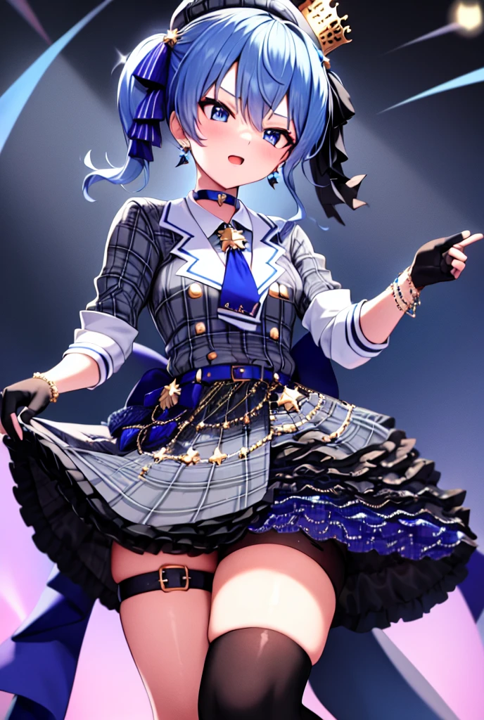 SuiseiBase, plaid beret, crown, blue star choker, star earrings, blue ascot, plaid jacket, plaid skirt, layered skirt, partially fingerless gloves, star bracelet, uneven legwear, thigh strap, long shot
