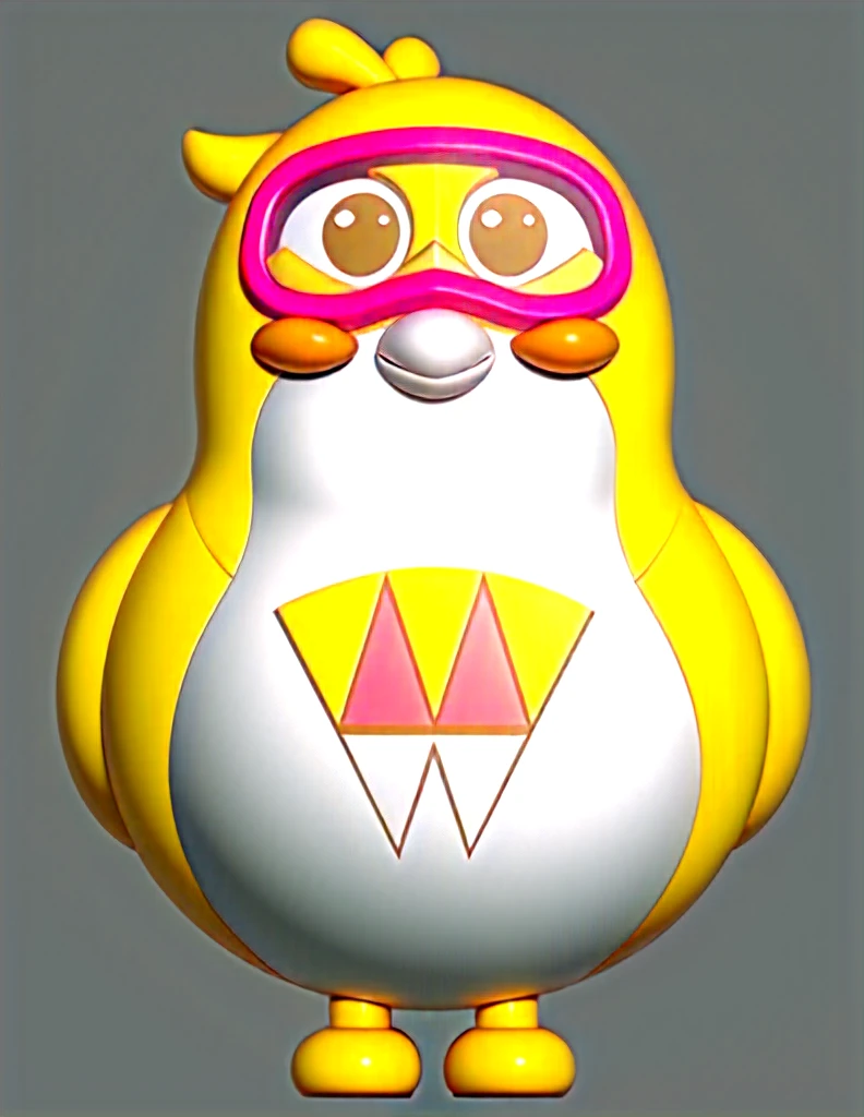 (masterpiece), (best quality), (Extremely detailed), (whole body:1.2), A cute cartoon bird with pink goggles and a white Y-shaped mask, with a yellow body, yellow feet and a large W in the centre of the chest. The design is simple, with yellow and white fur, and the front view shows the bird in a centred composition against a solid colour background, in high definition and high resolution,