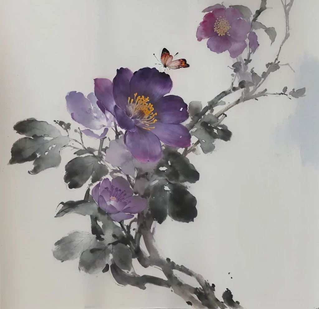 There is a painting,There is a flower in the painting,There is a butterfly on it, traditional Chinese Ink Painting, Chinese Ink Painting, 中traditional Chinese painting风格, author:Xu Xi, style of guo hua, traditional Chinese painting, author:Luo Mu, Inspired by Wang Shimin, Inspired by Xie Shichen, author:Song Xu, inspired by Wu Changshuo, Chinese Watercolor Painting