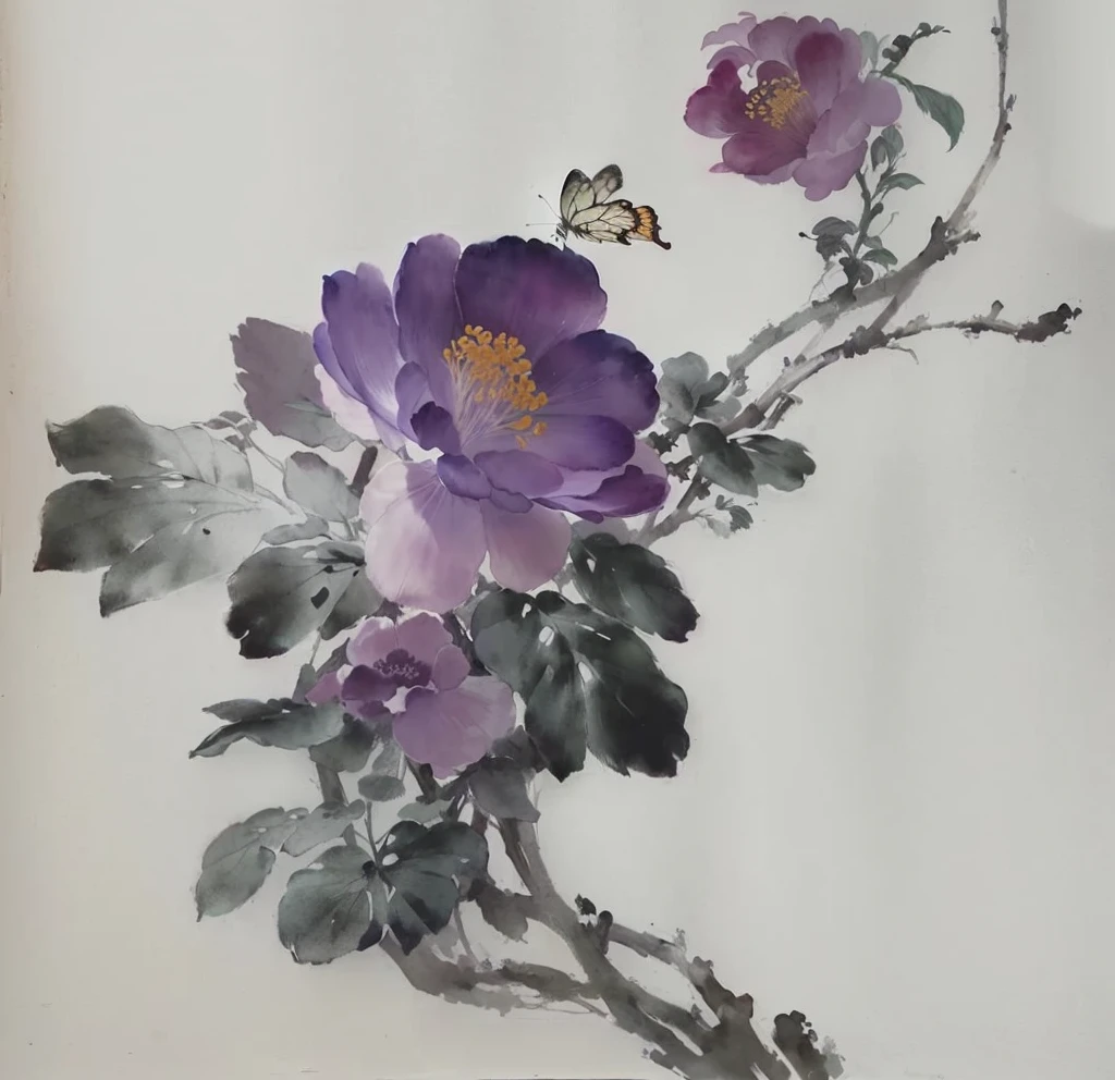 There is a painting，There is a flower in the painting，There is a butterfly on it, traditional Chinese Ink Painting, Chinese Ink Painting, 中traditional Chinese painting风格, author：Xu Xi, style of guo hua, traditional Chinese painting, author：Luo Mu, Inspired by Wang Shimin, Inspired by Xie Shichen, author：Song Xu, inspired by Wu Changshuo, Chinese Watercolor Painting