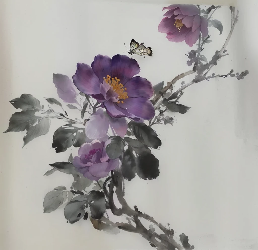 There is a painting，There is a flower in the painting，There is a butterfly on it, traditional Chinese Ink Painting, Chinese Ink Painting, 中traditional Chinese painting风格, author：Xu Xi, style of guo hua, traditional Chinese painting, author：Luo Mu, Inspired by Wang Shimin, Inspired by Xie Shichen, author：Song Xu, inspired by Wu Changshuo, Chinese Watercolor Painting