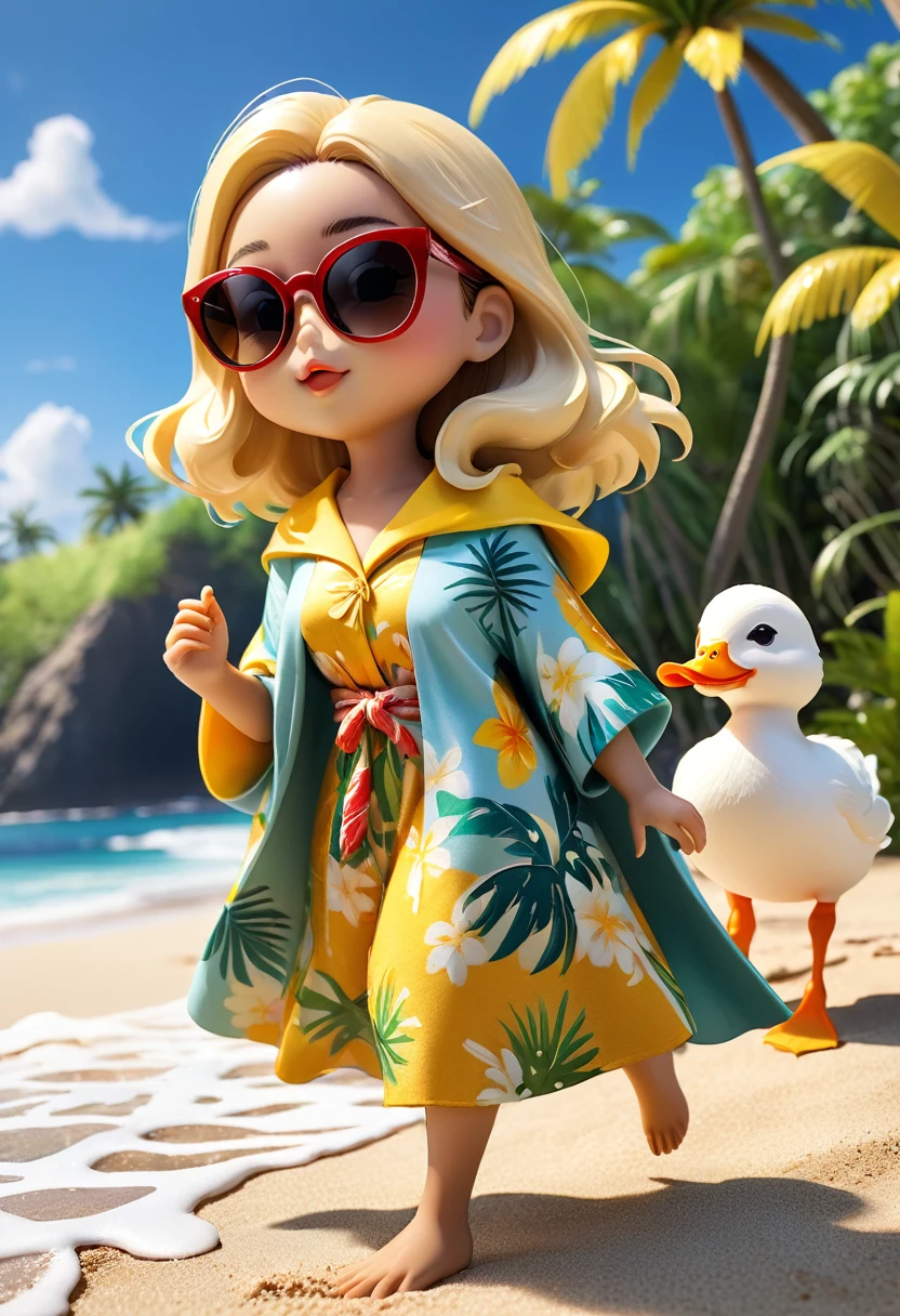 Esbian all over body、Cool white duck、Pop White Duck、Diorama、Simple Background、sunglasses、Aloha Shirt、tropical、Beach Background、Cape、Best Quality, Capture the cutest moments, Depth of written boundary, Super detailed, Ultra-high resolution, Octadale, 8k, 16km race