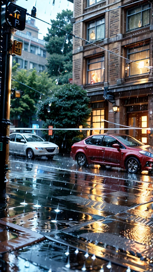 8k、Tabletop、RAW Photos、Highest quality、Real、非常に詳細なCG Unity 8k壁紙、Depth of written border、Cinematic Light、Lens flare、Ray Tracing、(((Rain Street Corner:1.5))),(((Daytime))),(((The car is running:1.5))),