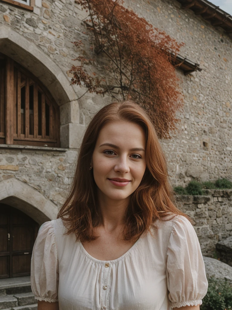 Emily Richardson, 1girl, solo, (((consistent face and image))), ((20 years old)), realistic, photorealistic, (red cranky hair), (((Caucasian mature woman))), (Swiss woman), (Swiss nose), (Swiss thick lips), posing outside the Picturesque island commune with stunning medieval architecture, upper body and upper legs, smirking