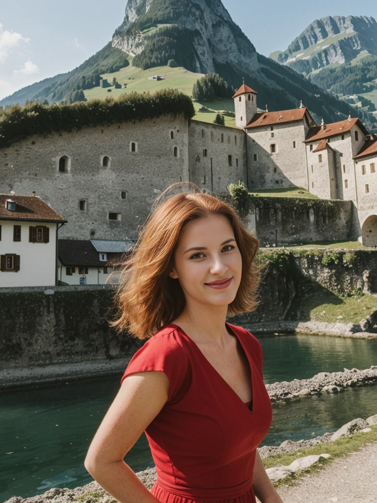Emily Richardson, 1girl, solo, (((consistent face and image))), ((20 years old)), realistic, photorealistic, (red cranky hair), (((Caucasian mature woman))), (Swiss woman), (Swiss nose), (Swiss thick lips), posing outside the Picturesque island commune with stunning medieval architecture, upper body and upper legs, smirking