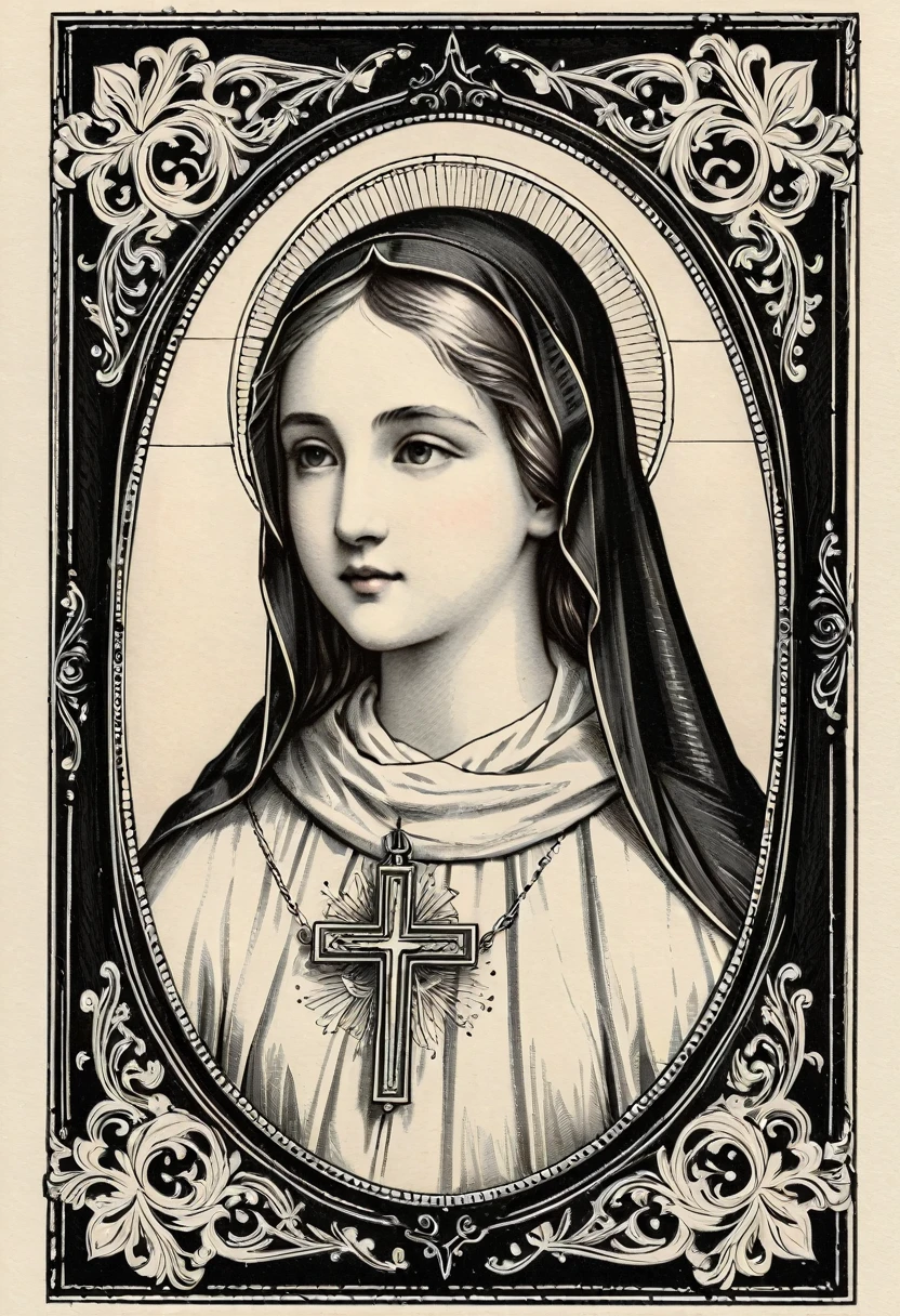 Black frame, old paper, micro-detail, line drawing, old print, antique, holy card, faith, girl, black and white, micro-detail, delicate, authentic