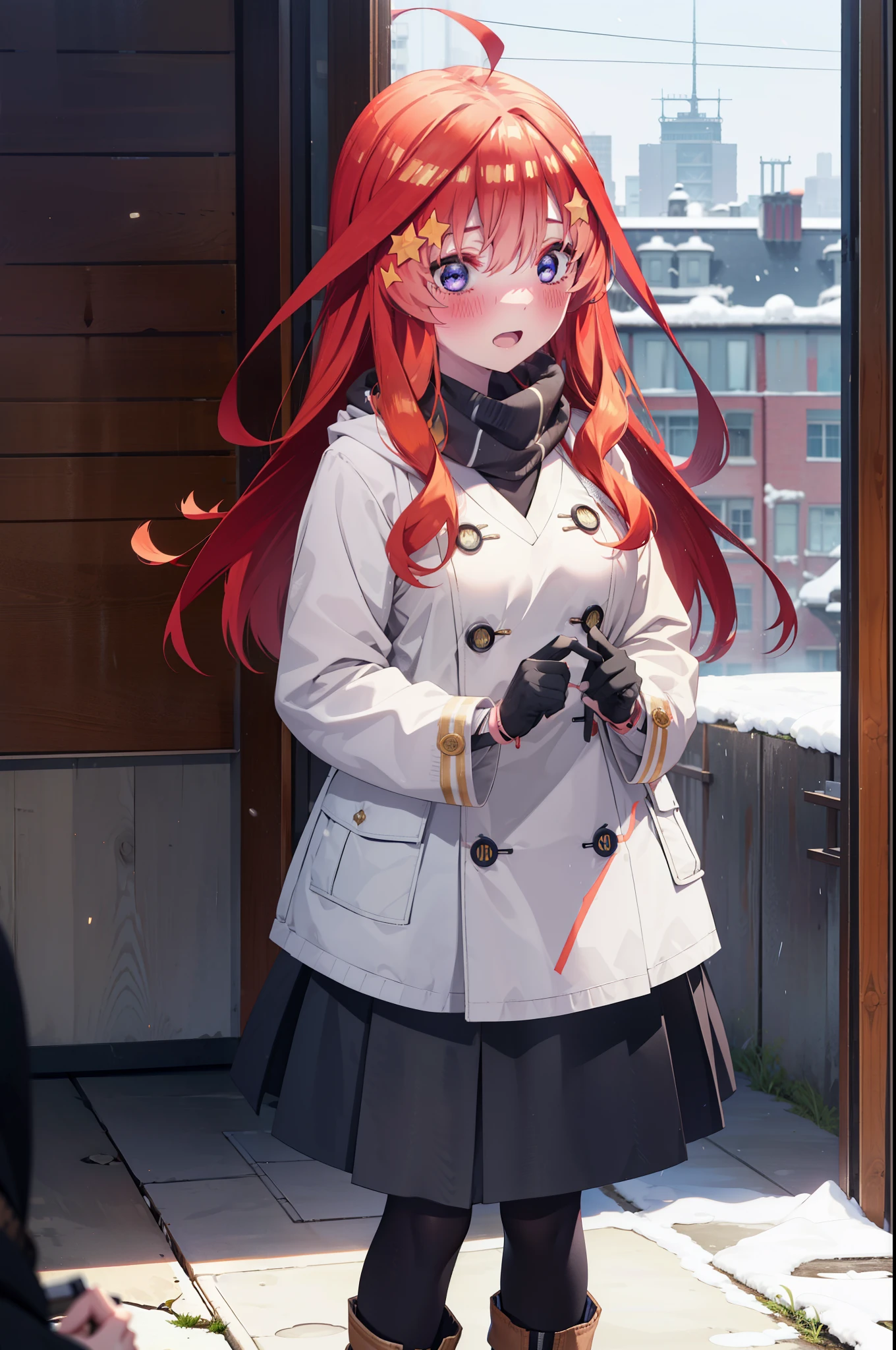 itsukinakano, Itsuki Nakano, bangs, blue eyes, Hair between the eyes, Ahoge, Redhead, star \(symbol\), hair ornaments, star hair ornaments,smile,blush, Open your mouth,white breath,scarf,Headphones around the neck,Knitted hat,Blue long coat,V-neck sweater,Long skirt,Black Pantyhose,short boots,Fluffy gloves,Standing leaning against a wall,Snow is piling up,that&#39;it&#39;s snowing,whole bodyがイラスト入るように,Walking,
break outdoors, construction area,
break looking at viewer, whole body,
break (masterpiece:1.2), Highest quality, High resolution, unity 8k wallpaper, (shape:0.8), (Beautiful attention to detail:1.6), Highly detailed face, Perfect lighting, Extremely detailed CG, (Perfect hands, Perfect Anatomy),