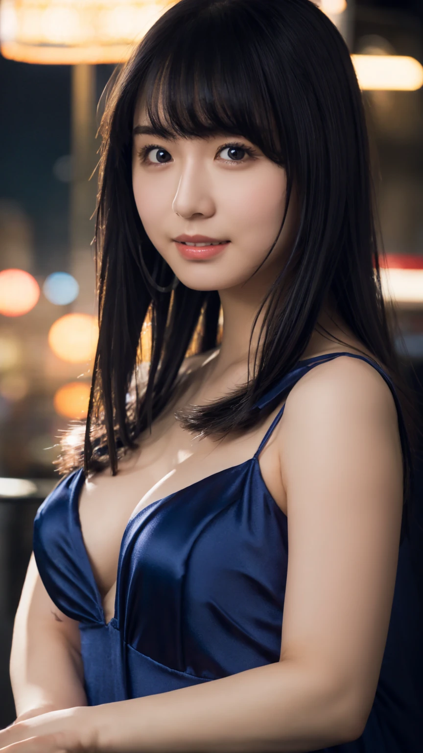 1girl,(wearing a blue evening dress:1.2),(RAW photo, best quality), (realistic, photo-realistic:1.4), masterpiece, an extremely delicate and beautiful, extremely detailed, 2k wallpaper, Amazing, finely detail, extremely detailed CG unity 8k wallpaper, ultra-detailed, highres, soft light, beautiful detailed girl, extremely detailed eyes and face, beautiful detailed nose, beautiful detailed eyes,cinematic lighting,city lights at night,perfect anatomy,slender body,light smile,close up,(long hair with bangs), big breast