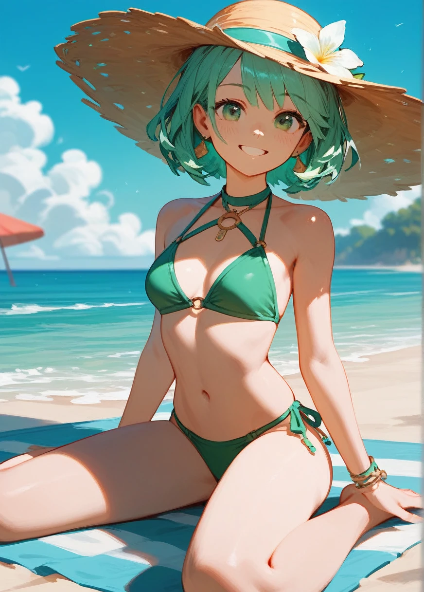 a cute girl, wear the green bikini, sit on the beach, the glow of the setting sun, smile,4k, masterpiece
