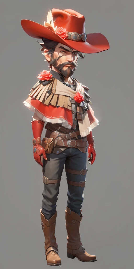 Cowboy wearing hat and mittens and red gloves, Bearded men,There is a rose on the hat,There are two roses on the shoulders and chest,Stylized characters design, very Stylized characters design, very detailed character, Stylized characters, Super detailed fantasy characters, game character, game character design, Full body portrait, videogame character, Unrealistic character concept, video game character concept, 3D rendering style, Male Characters, Full body portrait, masterpiece, best quality, (Extremely detailed CG unity 8k wallpaper), (best quality), (Best Illustration), (Best shadow), absurd, Realistic lighting, (abyss), Beautiful and delicate light, Artworks by Peter Mohr Bacher