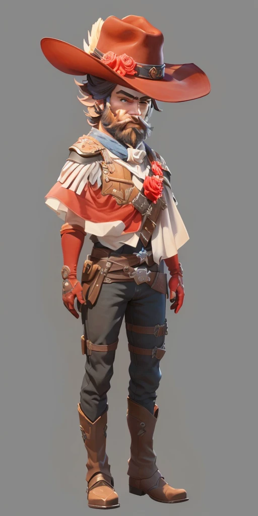 Cowboy wearing hat and mittens and red gloves, Bearded men，There is a rose on the hat，There are two roses on the shoulders and chest，Stylized characters design, very Stylized characters design, very detailed character, Stylized characters, Super detailed fantasy characters, game character, game character design, Full body portrait, videogame character, Unrealistic character concept, video game character concept, 3D rendering style, Male Characters, Full body portrait, masterpiece, best quality, (Extremely detailed CG unity 8k wallpaper), (best quality), (Best Illustration), (Best shadow), absurd, Realistic lighting, (abyss), Beautiful and delicate light, Artworks by Peter Mohr Bacher