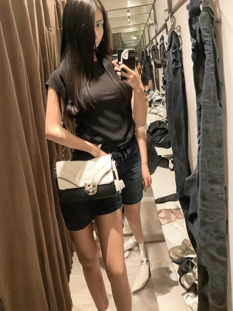 masterpiece, highres, photoreal, dark long hair, black tight t-shirt, denim jeans, selifie, white bag, indoor
