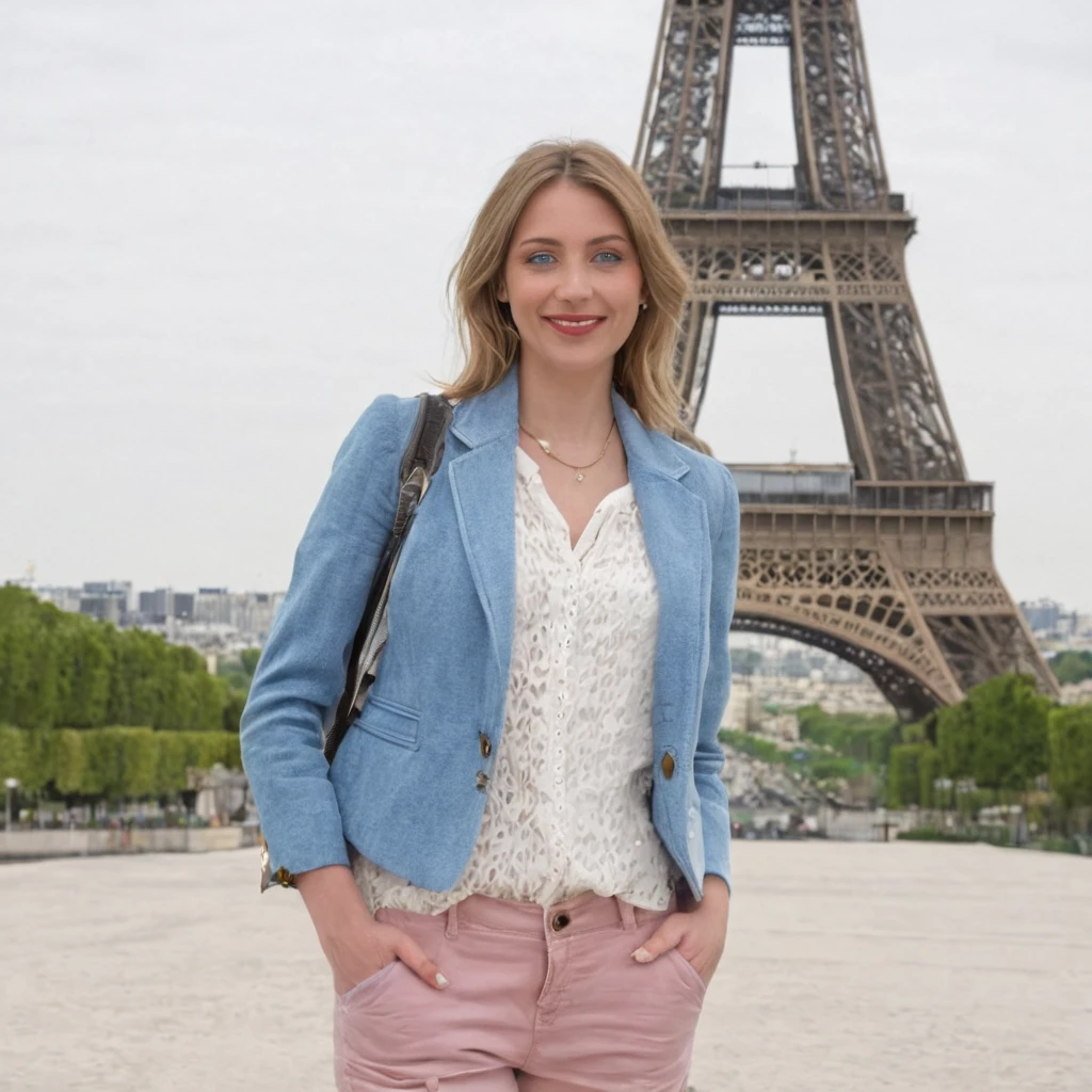Showing a 30 year old woman standing near Eiffel tower, blue eyes, smile, style realistic, setting peace and pleasant