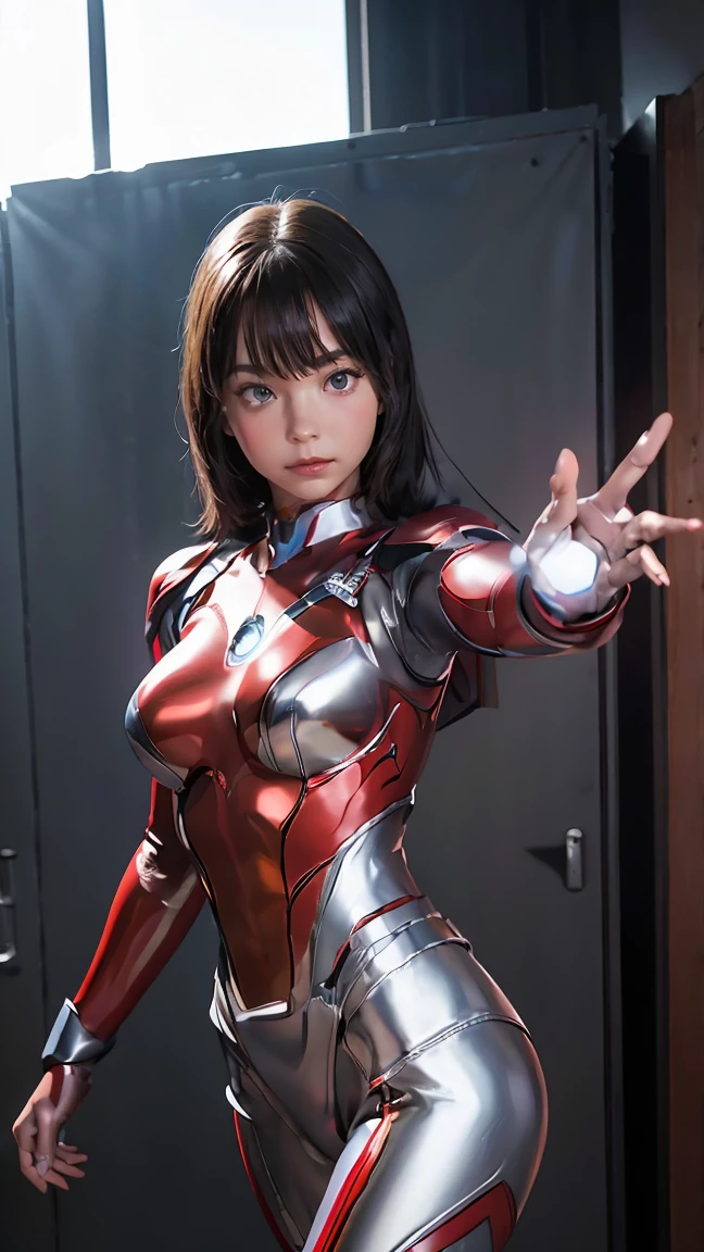 Ultraman、realistic、realistic、cinematic lighting, Girl in a shiny red and silver suit、15 years old、professional photos、Don'Do not expose your skin, japanese model, japanese cgi、Ultraman Suit、, Power Rangers Suit、tight and thin cyber suit,Whole body rubbery、There's pink There、 delicate body, big breasts、small ass、thin thighs、thin arms、thin waist、camel toe、Both sides of the cyber suit stick to the skin、Big eyes、black short hair、facing the front、facing the front立っている、A glowing sphere is embedded in the chest.、Essay Examination、 blue sky background