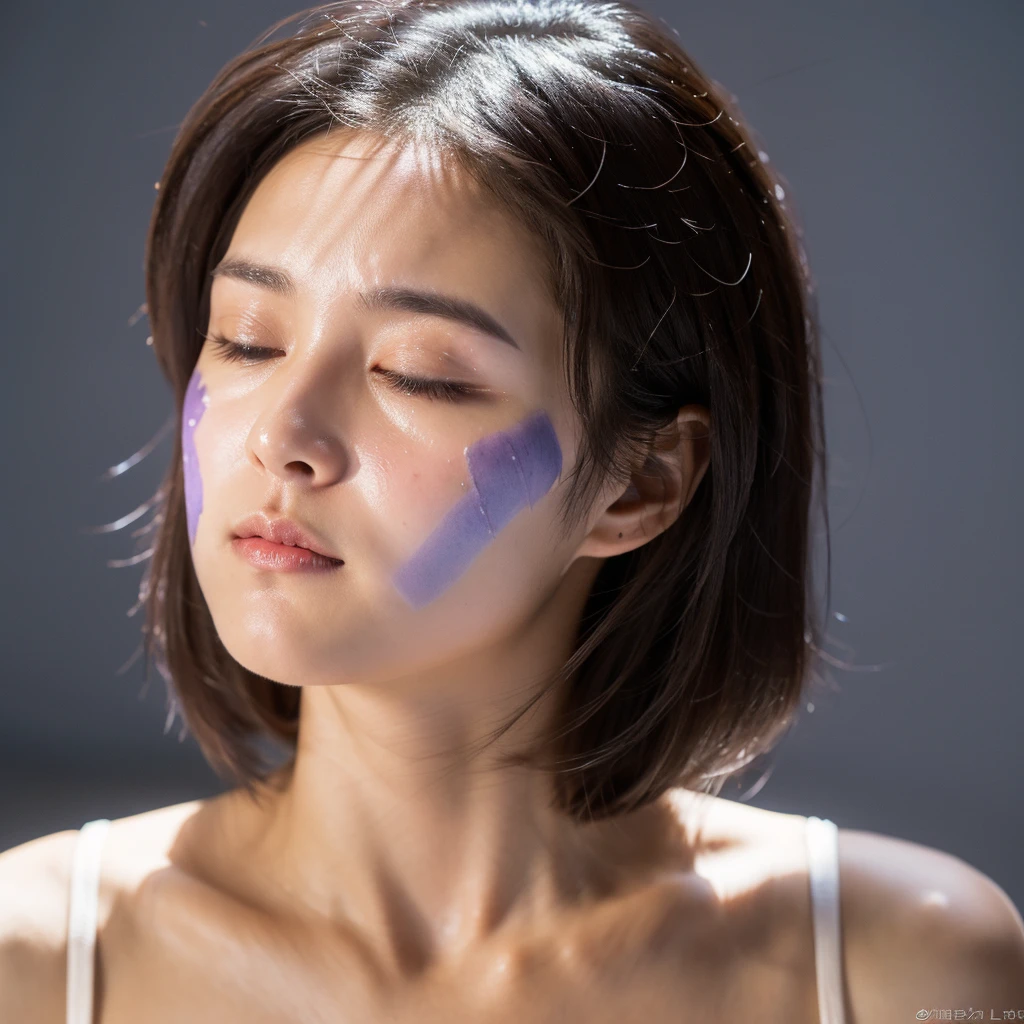 (best quality:1.2), (masterpiece:1.2), (8K:1.2), (intricate details:1.2), (cinematic light:1.2), (photorealistic:1.2), (raw, highres:1.2), (In a dimly lit room, a woman is tilting her head back. Her eyes are closed, and a calm and peaceful expression is on her face. Her long hair falls naturally, and the lighting casts a soft purple and blue hue on her face and hair.)