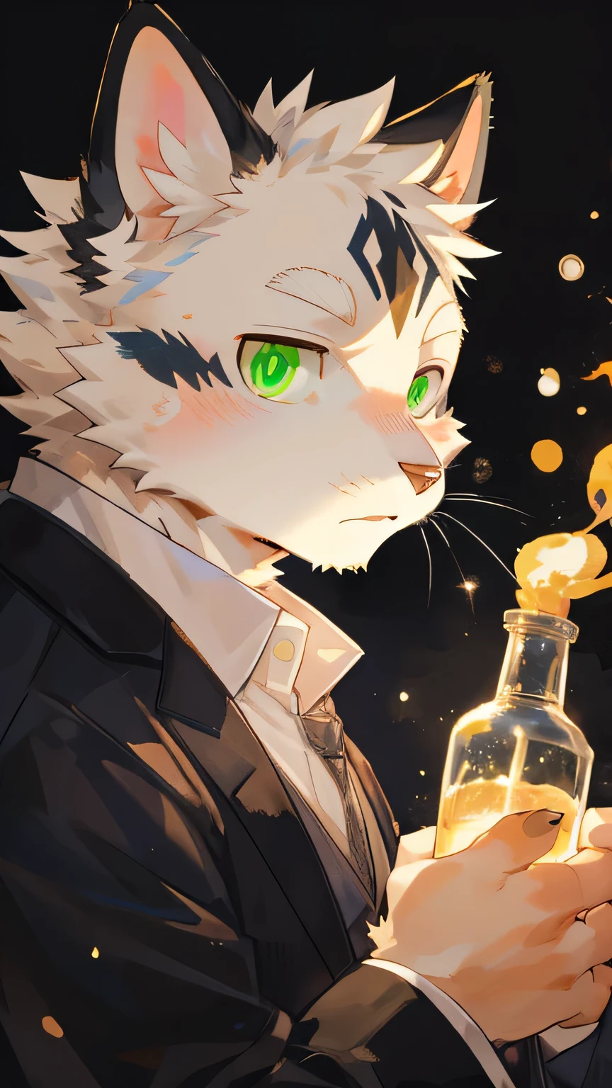 masterpiece,high quality,perfect anatomy,furry,anthro cat,black cat,male, niji5,green pupils,bright eyes,detailed face,holding the magic potion,by kiyosan,close up face