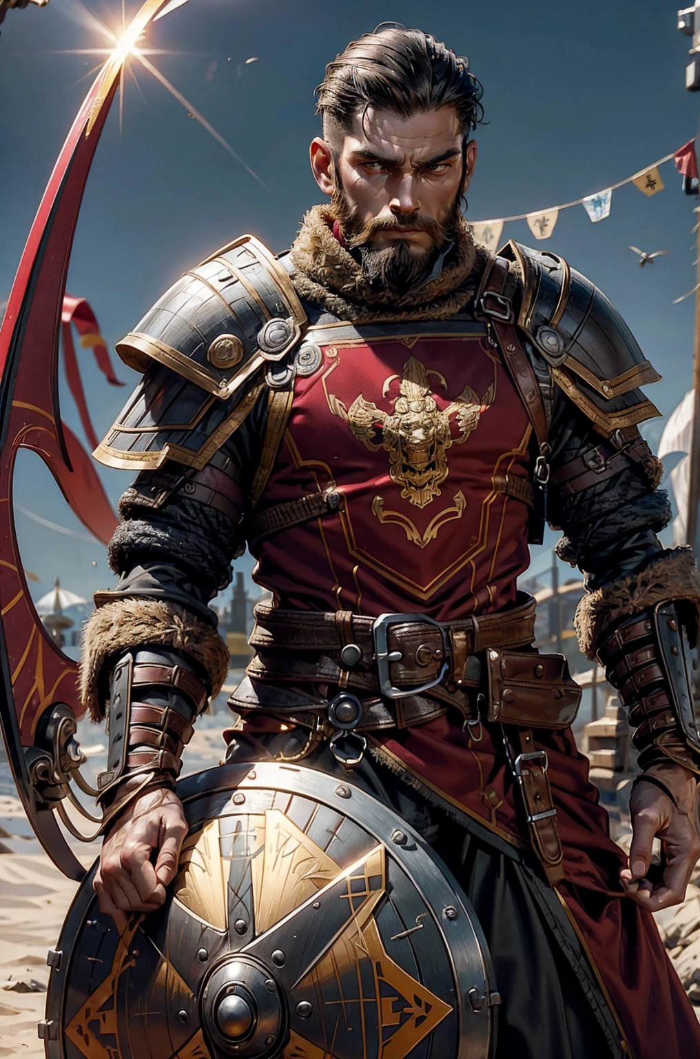 Short military buzz cut hair. A man with Dark-hair, muscular, with a fierce severe serious expression on his face, a five-o-clock shadow of a beard on his face. He's a soldier in red gold and silver armor with a kite shield with an emblem of a sword with a sunburst behind it on a red background. With a golden lion pauldron on one shoulder