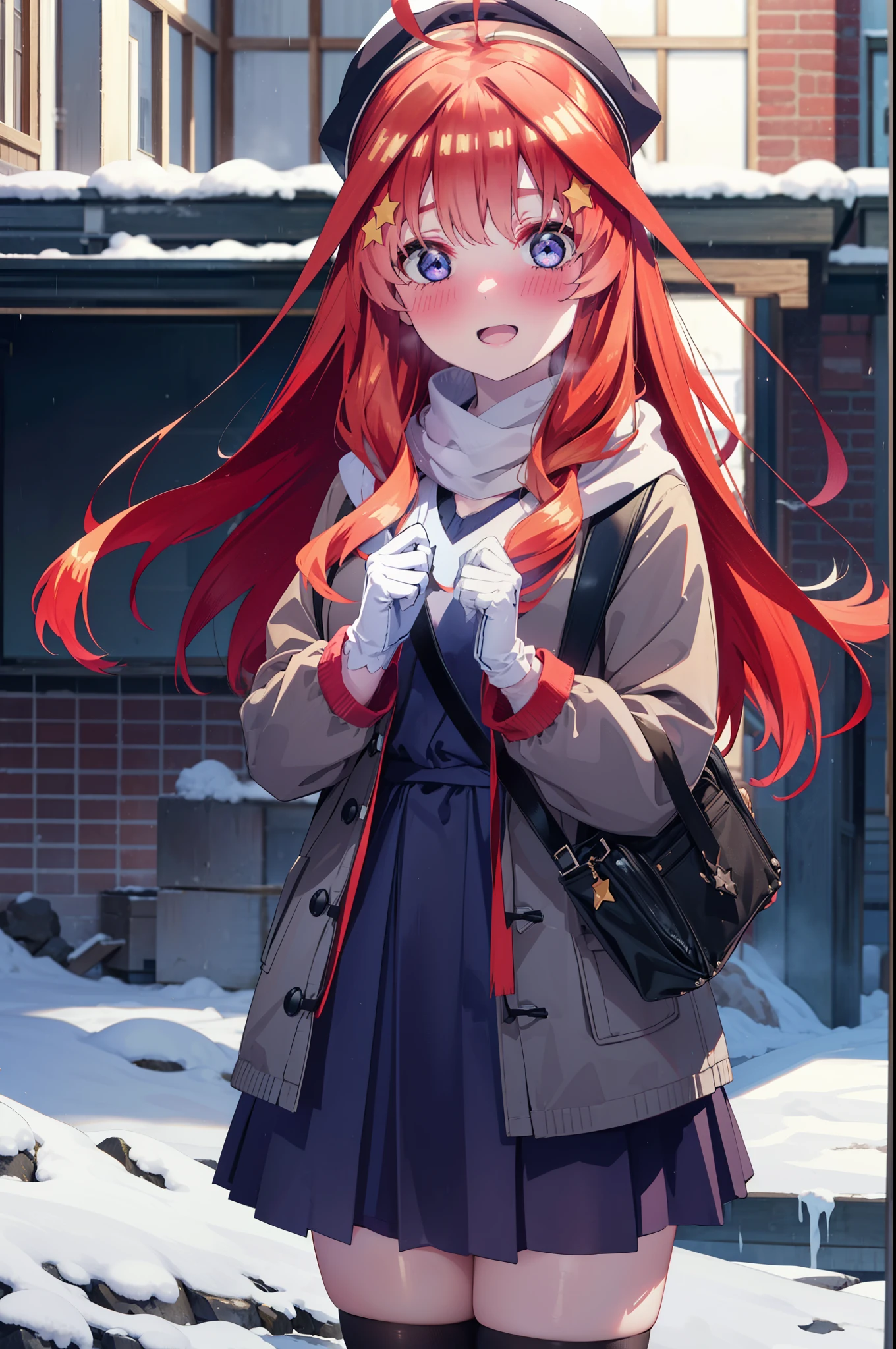 itsukinakano, Itsuki Nakano, bangs, blue eyes, Hair between the eyes, Ahoge, Redhead, star \(symbol\), hair ornaments, star hair ornaments,blush, smile,Open your mouth,white breath,scarf,Headphones around the neck,Knitted hat,Blue long coat,V-neck sweater,Long skirt,Black Pantyhose,short boots,Fluffy gloves,Standing leaning against a wall,Snow is piling up,that&#39;it&#39;s snowing,whole bodyがイラスト入るように,Hiding in a roofed building,
break outdoors, construction area,
break looking at viewer, whole body,
break (masterpiece:1.2), Highest quality, High resolution, unity 8k wallpaper, (shape:0.8), (Beautiful attention to detail:1.6), Highly detailed face, Perfect lighting, Extremely detailed CG, (Perfect hands, Perfect Anatomy),