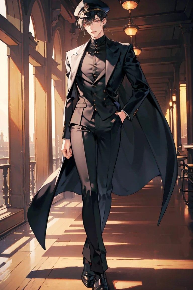 (masterpiece), 1boy, 1girl, best quality, seductive eyes, perfect face, handsome man, black eyes, long slicked back black hair, long nose, tan brown skin, black coat, black fitted pants, extremely tall man, long legs, long calves, full body, tall man, long legs, anime cover, ear piercings, hands in pockets, adult-like look, cafe background, a girl is in his left side, perfect face, best quality, seductive eyes, mature woman, red eyes, short black hair, black business suit, black pants, peaked cap, big breast, tall woman, long legs, anime cover