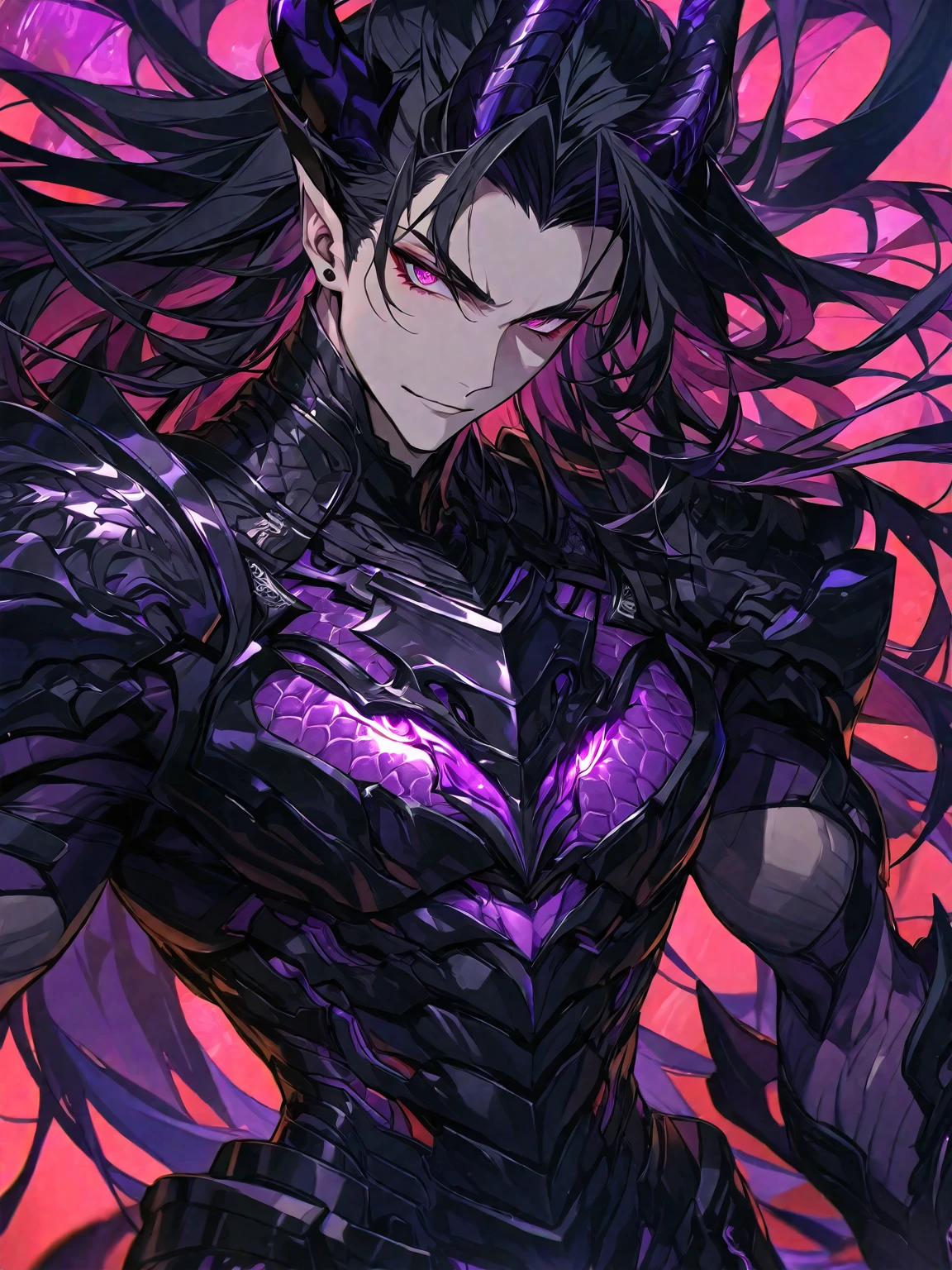 One, handsome, 1 man, with a sporty body, V-shaped body, black detailed armor with glowing purple details, black demonic horns, long hair, black hair, purple with red tones of reptile eyes, purple threads, black light