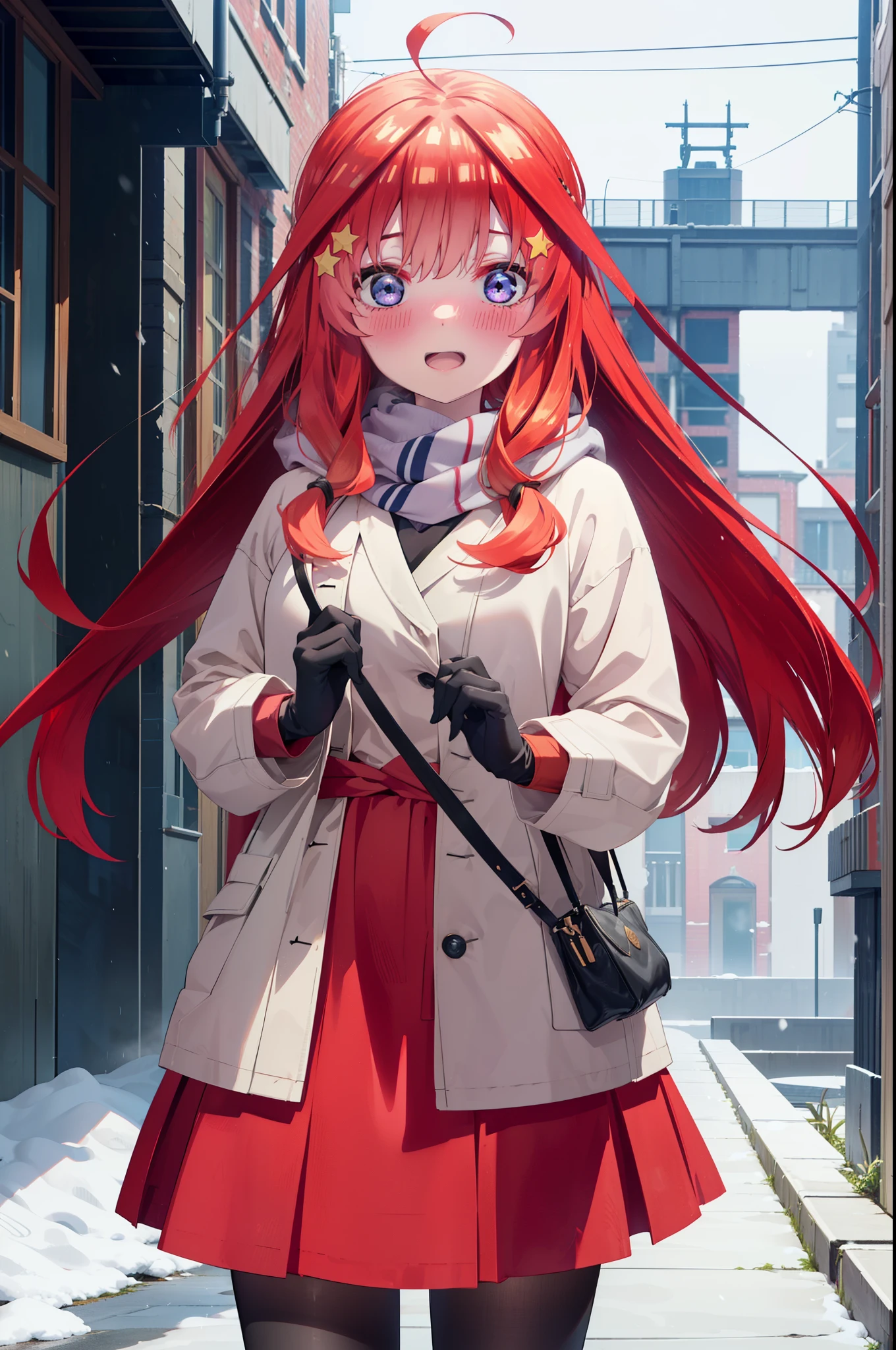 itsukinakano, Itsuki Nakano, bangs, blue eyes, Hair between the eyes, Ahoge, Redhead, star \(symbol\), hair ornaments, star hair ornaments,blush, smile,Open your mouth,white breath,scarf,Red long coat,V-neck sweater,Long skirt,Black Pantyhose,short boots,Fluffy gloves,Standing leaning against a wall,Snow is piling up,that'it's snowing,whole bodyがイラスト入るように,Hiding in a roofed building,
break outdoors, construction area,
break looking at viewer, whole body,
break (masterpiece:1.2), Highest quality, High resolution, unity 8k wallpaper, (shape:0.8), (Beautiful attention to detail:1.6), Highly detailed face, Perfect lighting, Extremely detailed CG, (Perfect hands, Perfect Anatomy),