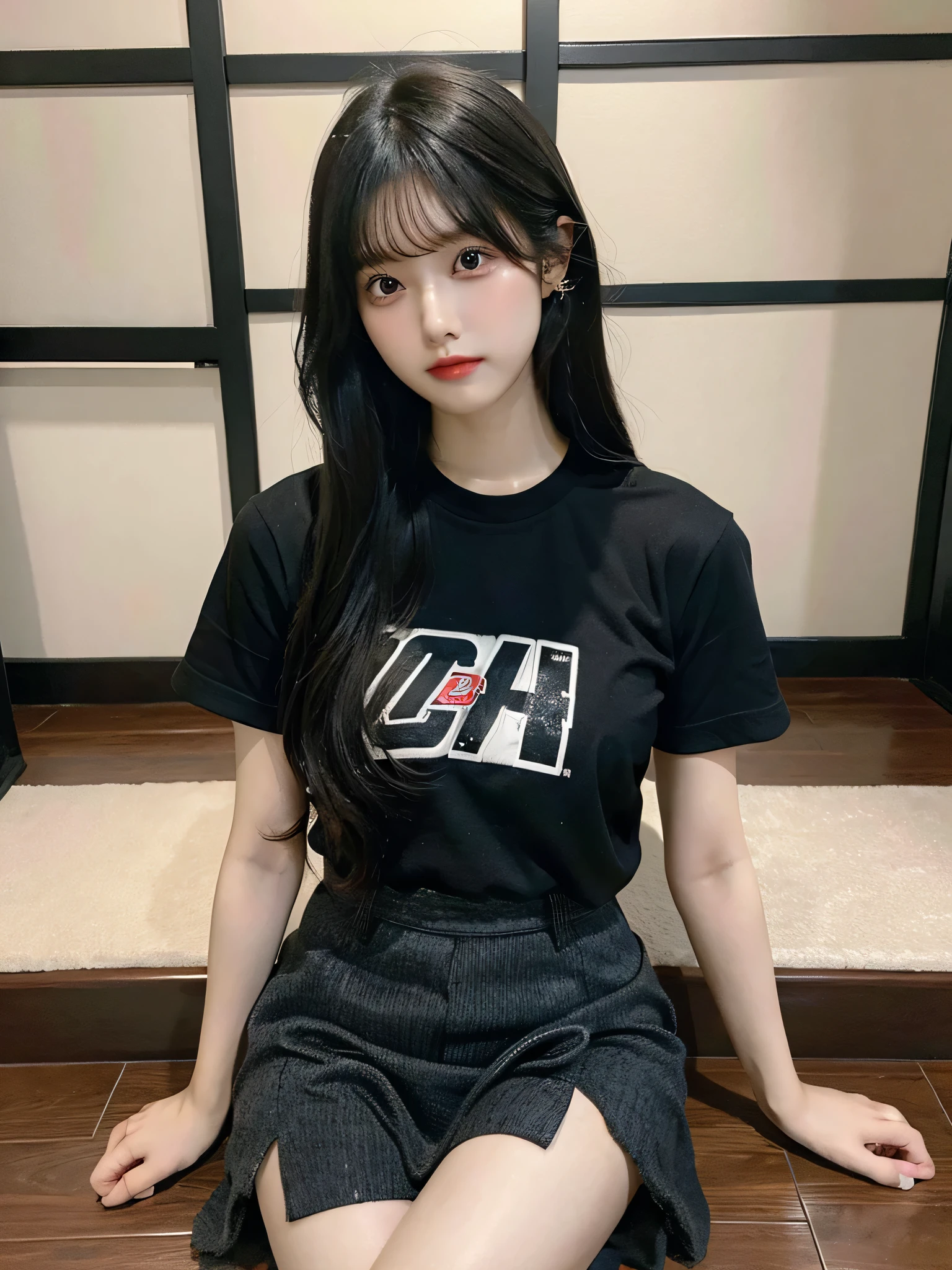 A black hair girl, japnese, t shirt skirt, indoor, sitting