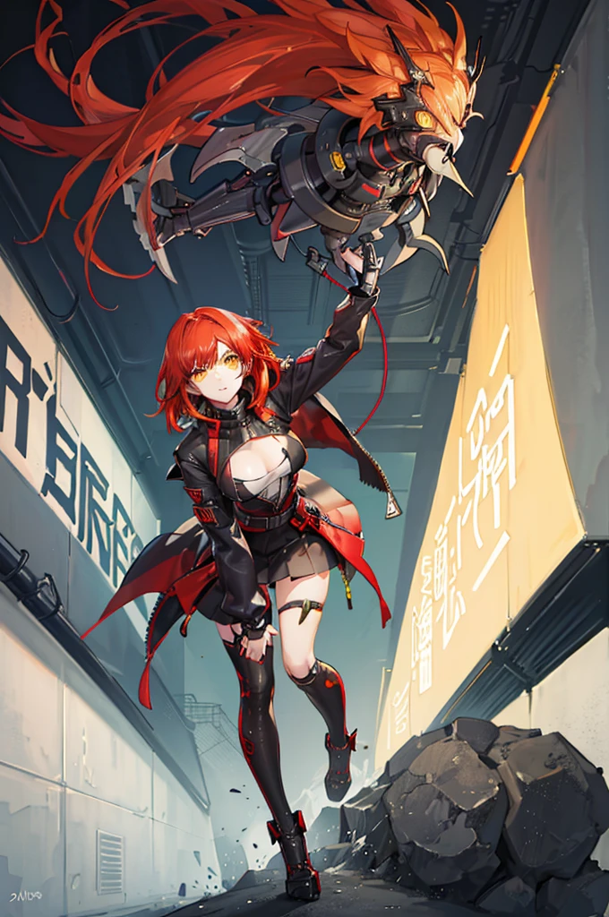 　Red Hair　Yellow Eyes　Bob　外はねBob　Confused eyes　Bob　Red Hair　Thick, vibrant red hair　Bob　whole body　female性　female　Cyberpunk Costume　Yellow costume　黄色いCyberpunk Costume　Dynamic pose　battle　electricity　Bobヘア