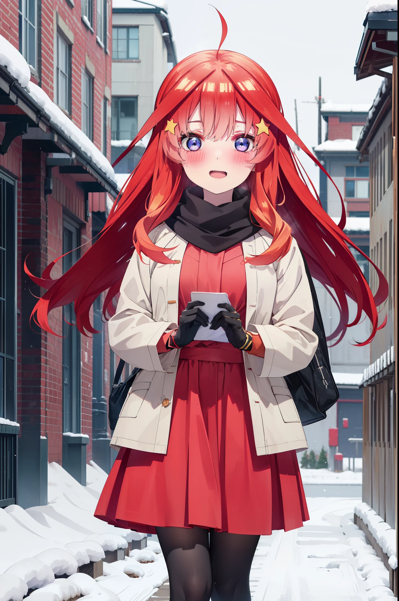 itsukinakano, Itsuki Nakano, bangs, blue eyes, Hair between the eyes, Ahoge, Redhead, star \(symbol\), hair ornaments, star hair ornaments,blush, smile,Open your mouth,white breath,scarf,Red long coat,V-neck sweater,Long skirt,Black Pantyhose,short boots,Fluffy gloves,Standing leaning against a wall,Snow is piling up,that&#39;it&#39;s snowing,whole bodyがイラスト入るように,Hiding in a roofed building,
break outdoors, construction area,
break looking at viewer, whole body,
break (masterpiece:1.2), Highest quality, High resolution, unity 8k wallpaper, (shape:0.8), (Beautiful attention to detail:1.6), Highly detailed face, Perfect lighting, Extremely detailed CG, (Perfect hands, Perfect Anatomy),