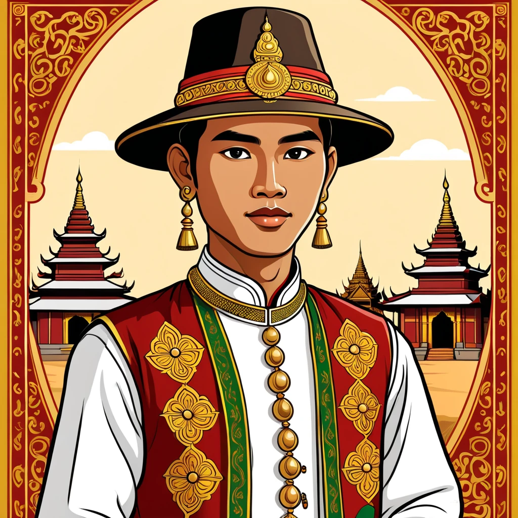 man in myanmar folk outfit, vector graphics, strong contours
