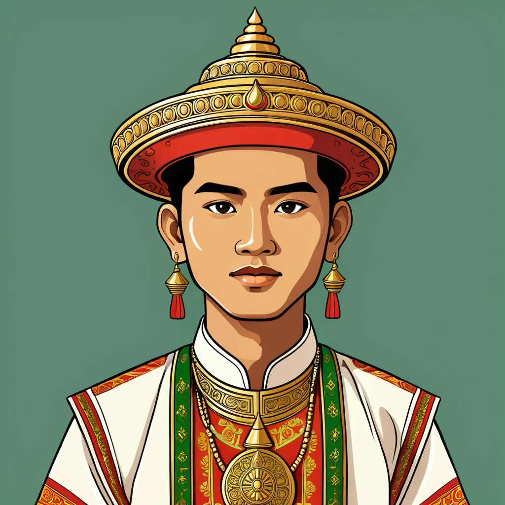 man in myanmar folk outfit, vector graphics, strong contours