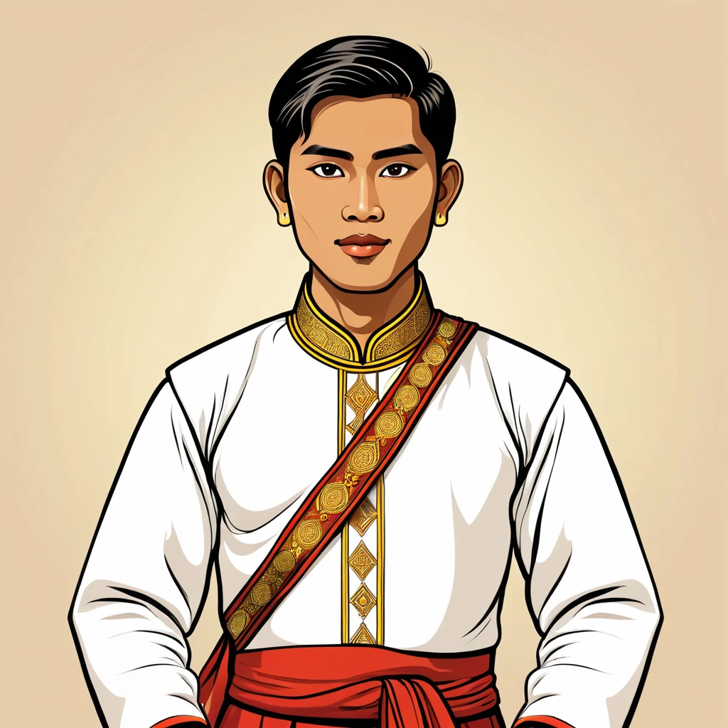 man in myanmar folk outfit, vector graphics, strong contours
