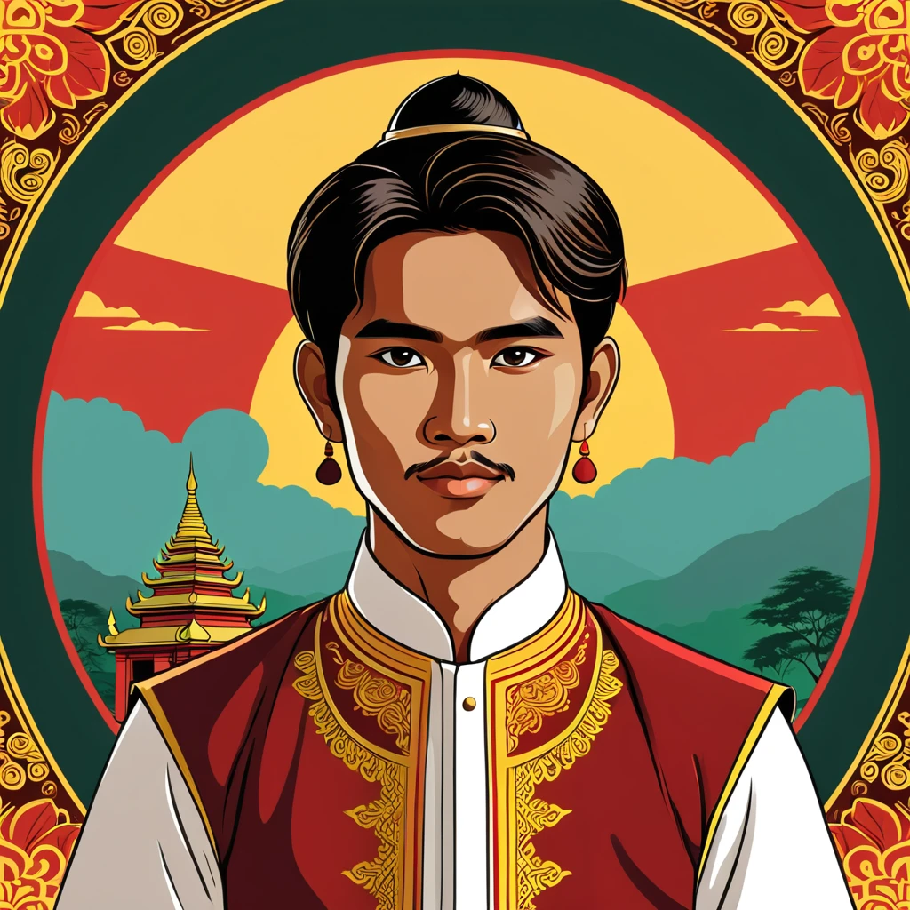 man in myanmar folk outfit, vector graphics, strong contours