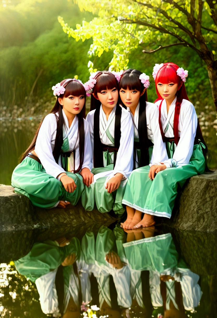 A group of beautiful slender young elf girls resting on the river bank, Charming, (Sakimi chan style:1.7), fantasy style