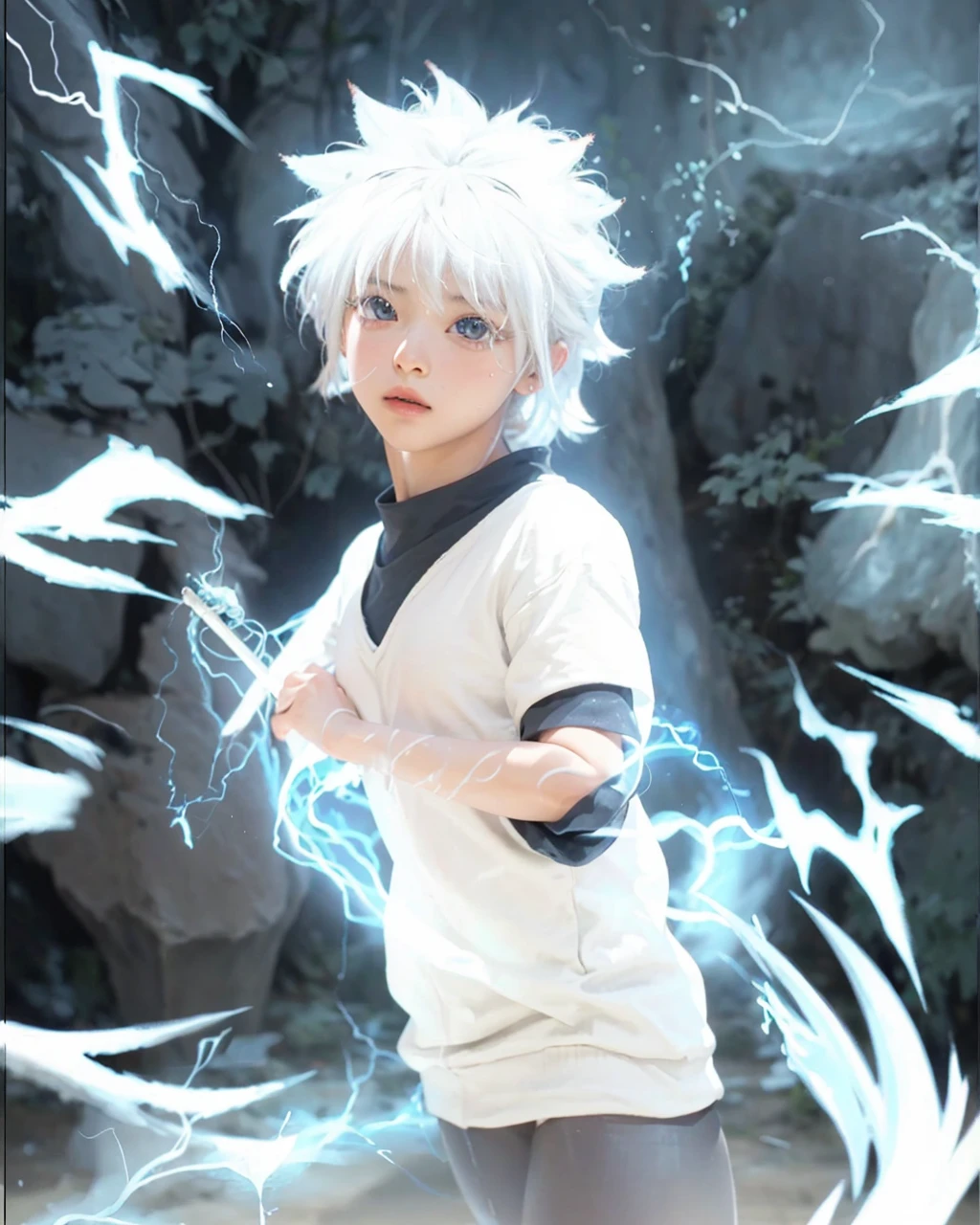 ( UA_HUNTER X HUNTER),((realistic, photorealistic)),(highlight hair)), Light reflection, (( HD )),((upper body)), (((best quality, masterpiece))), (masterpiece) (best quality) (detail) (8k) (HDR) (wallpaper) (cinematic lighting) (sharp focuasterpiece, best quality: 1.1), Real life adaption of this character, realistic outfit, realistic shadow, realistic light, realism, hyper realistic, realistic background,realistic hair,(photorealistic:1.2), (masterpiece: 1.2), (best quality: 1.3), (clear details: 1.3), ((((ultra-detailed)))), ((detailed eyes)), (extremely detailed face:1.4), (highly detailed eyelash:1.6), highly detailed eyes, sharp details, high contrast, (shiny skin), 1boy, lightning, black_shorts, white_hair, whole_body, white_background, simple_background, thick_outlines, blonde_hair, solo, standing, Stone wall background, blue lightning, blue glow, smoke,