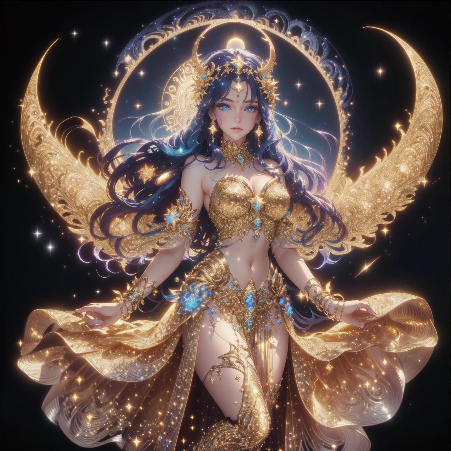 A woman in a golden dress stands in front of a starry sky., celestial goddess, beautiful heavenly mage, gorgeous goddess of leo, Argerm Julie Bell Beeple, goddess of light, moon goddess, as the goddess of the sun, , goddess. Very high detail, goddess of the sun, lunar goddess , Saw the navel. , star background , , , blue eyes , thighs and stockings , Decorated with exquisite gold-colored thighs , gold anklet , , high definition , high resolution , The set is filled with cosmic energy. , Clear set in the gold network brand , Waist jewelry ,