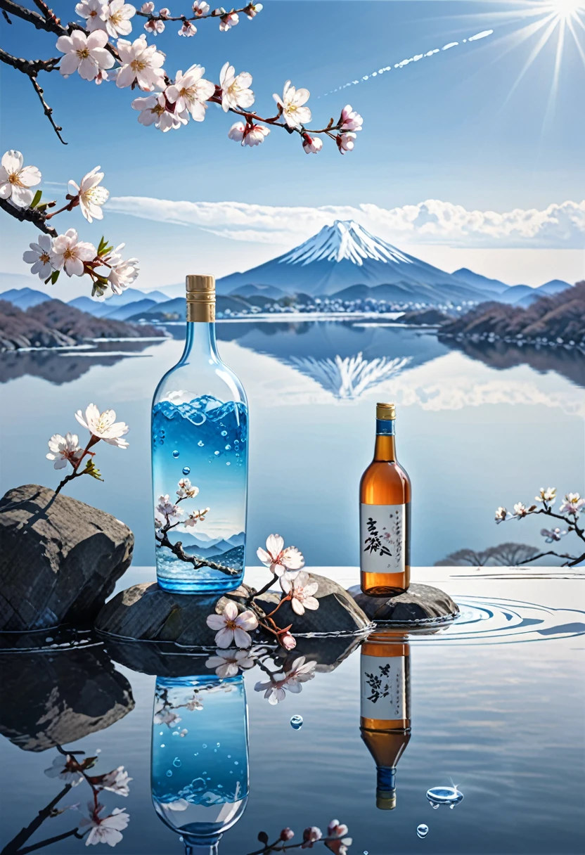 outdoor, bottle,sky本酒, no-humans, still life, Vague, bubble, landscape, Water Drop, ocean, sky, Invalid, blue Invalid, cloud, Vague background, Writing border depth, reflection, Solitary, rock, 运动Vague, Mountain, White flowers, Cherry blossoms, Branches, ice.