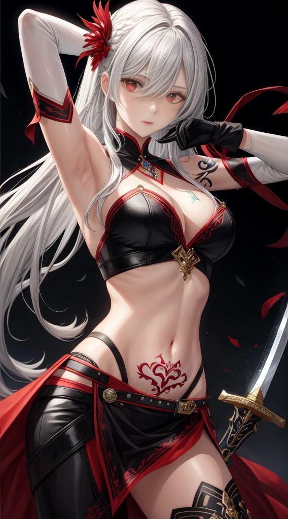 1girl, weapon, solo, holding_weapon, red_eyes, long_hair, holding, sword, gloves, hair_over_one_eye, breasts, holding_sword, navel, looking_at_viewer, armpits, tattoo, elbow_gloves, cleavage, bangs, hair_ornament, white_hair, bare_shoulders, grey_hair, black_background, black_gloves