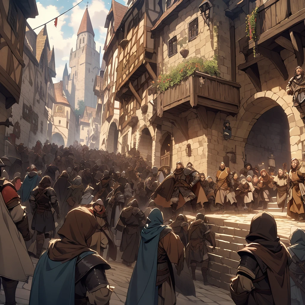 Medieval Fantasy Setting, Medieval city, Thief Humanity Mediterranean、A lot of people run、From below